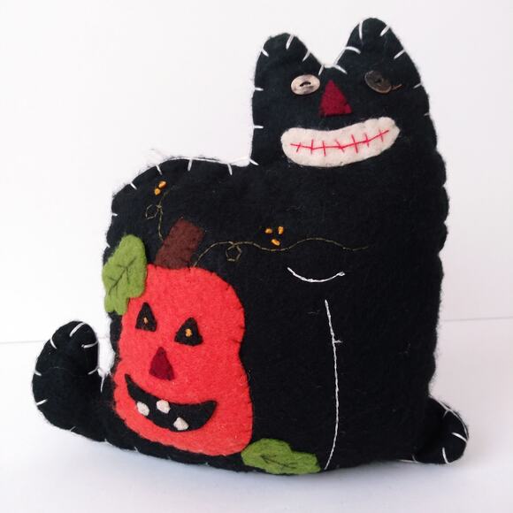 Stuffed Halloween Cat with Jack-O-Lantern Primitive Folk Art Decor Spooky Boho - Picture 1 of 8